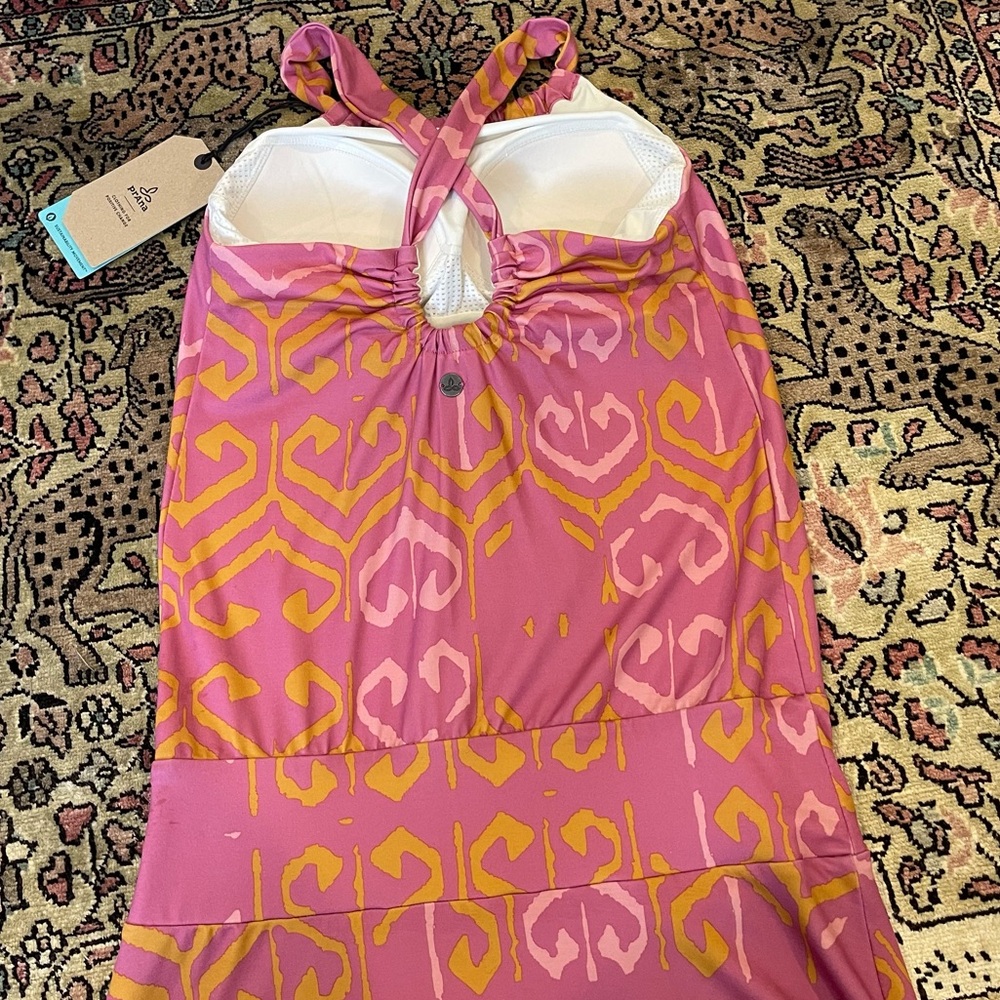 Prana Pink & Yellow Avore Drop Waist Cross Back Midi Dress Size XS